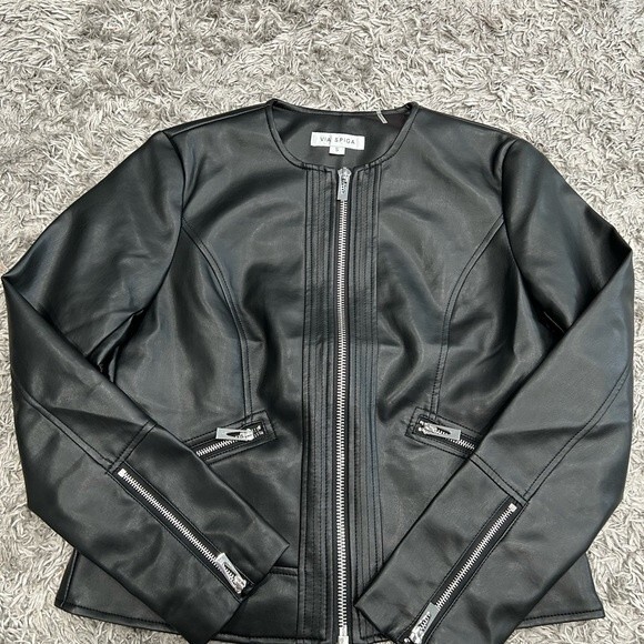 NEW VIA SPIGA Women Collarless Pleather Moto Jacket Black Size S or XL - Picture 12 of 12